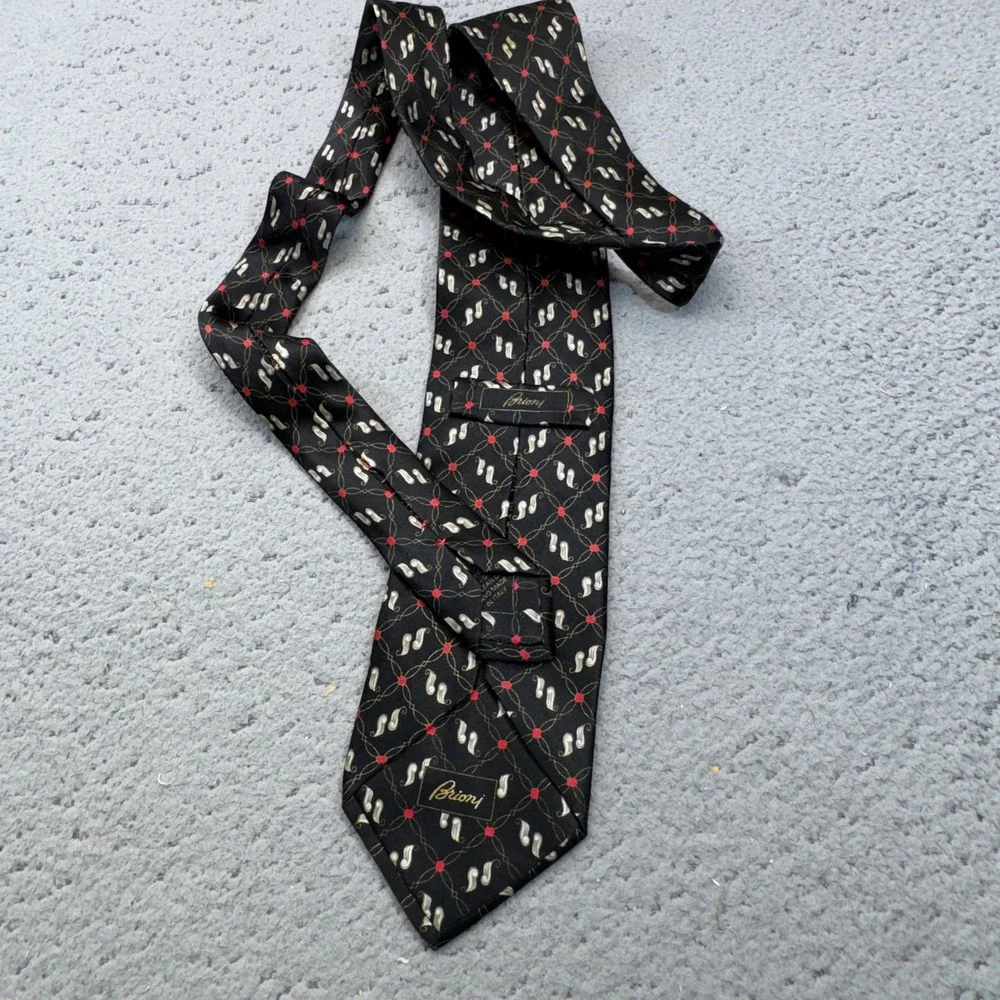Brioni Tie Black Paisley Neat Geometric Trellis Silk Italy Luxury Designer